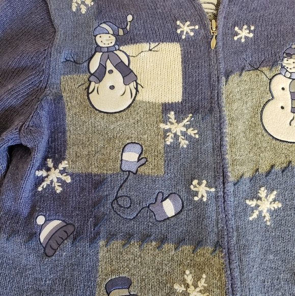 WOMENS SIZE MEDIUM, PERIWINKLE, ZIPPER CARDIGAN SNOWMAN SWEATER - Picture 2 of 11